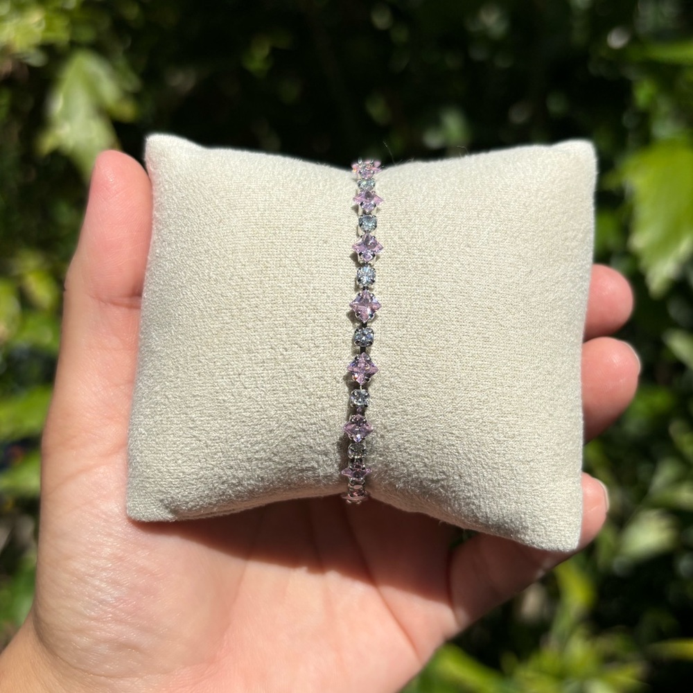 18K White Gold Plated Stainless Steel Pink Diamond Tennis Bracelet